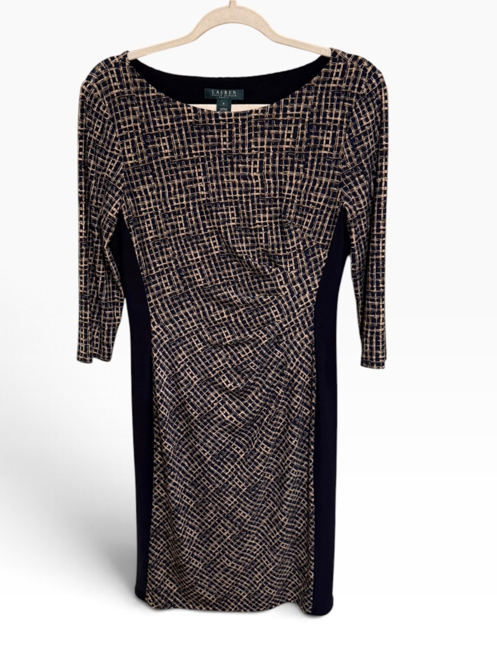 NWOT Lauren Ralph Lauren Navy Tan Print Ruched Sheath Dress 3/4 Sleeve Size 8